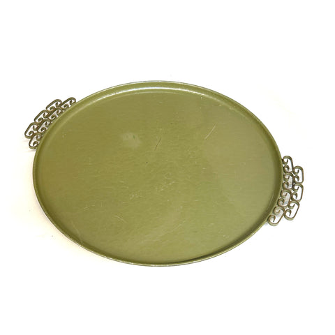 Sage Green Round Serving Tray with Brass Handles