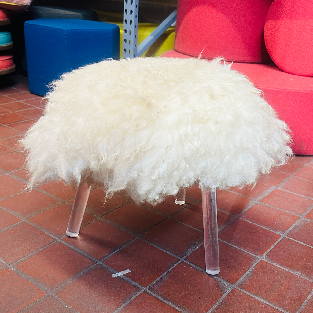 Lucite Ottoman Stool with White Shag Cushion