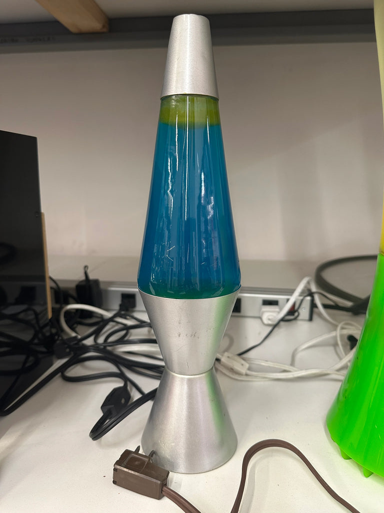 Silver Lava Lamp with Teal Liquid and Yellow Wax