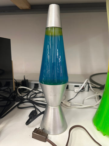 Silver Lava Lamp with Teal Liquid and Yellow Wax