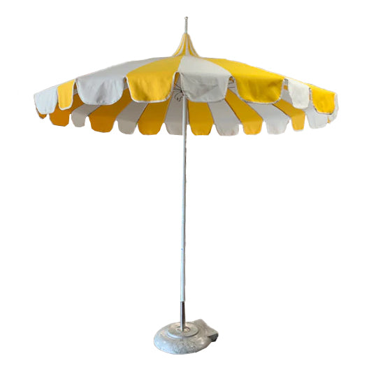 Yellow + White Striped Pagoda Patio Umbrella with Base/Stand