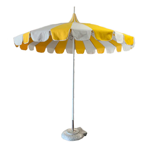 Yellow + White Striped Pagoda Patio Umbrella with Base/Stand