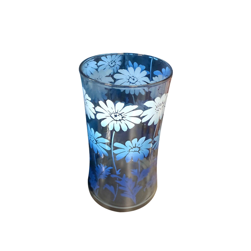 Blue Highball, Tumbler, and Juice Drinking Glass w/ White Daisy Flowers
