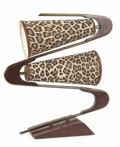 Wood & Brass Atomic Double Leopard Shade "S" Table Lamp