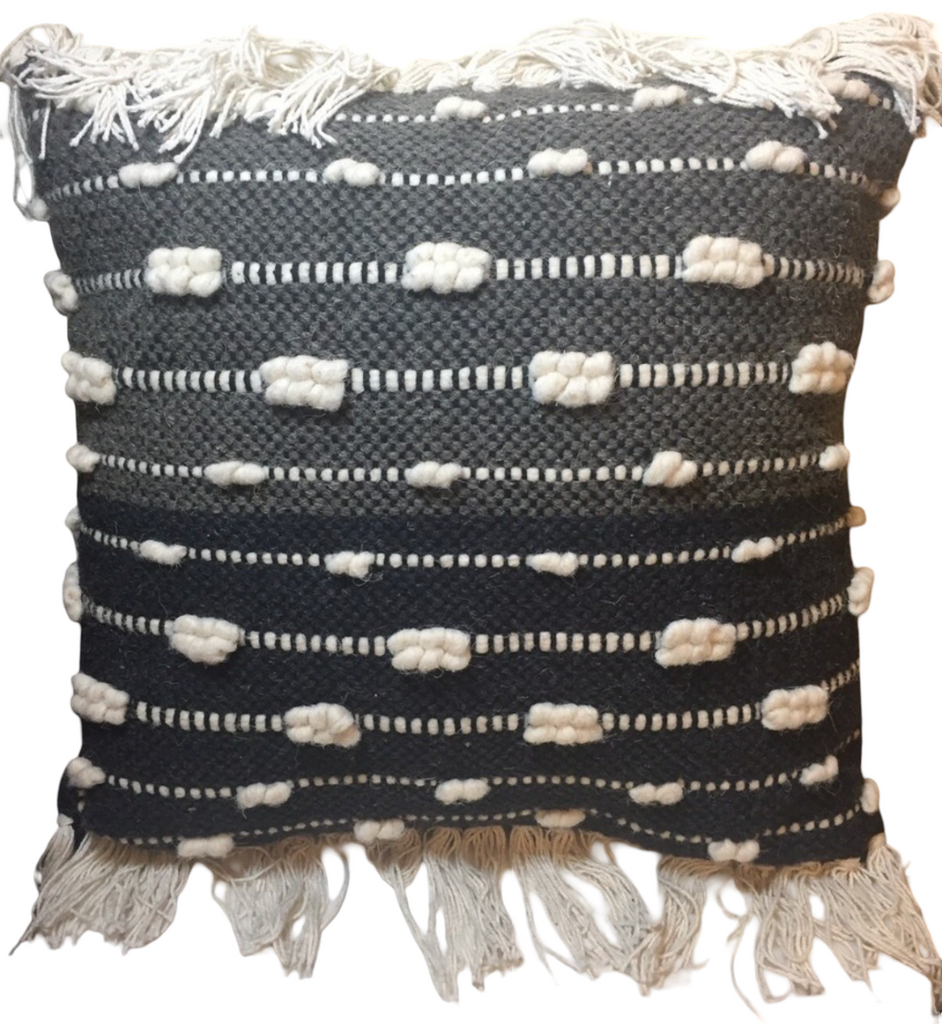 Black + White Stitch Pattern Two-Tone Square Pillow w/ Fringe