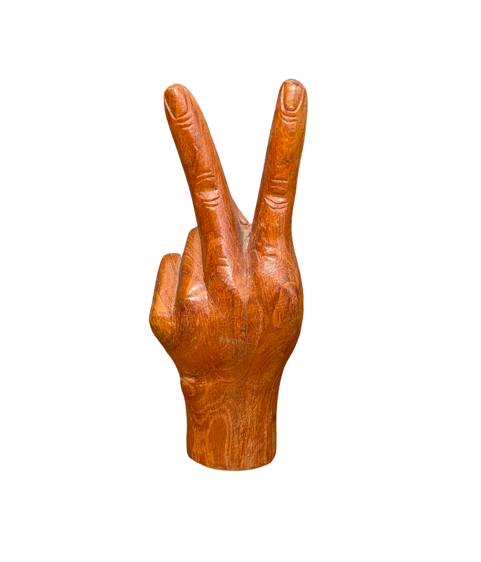 Carved Wood Peace Sign Hand Sculpture