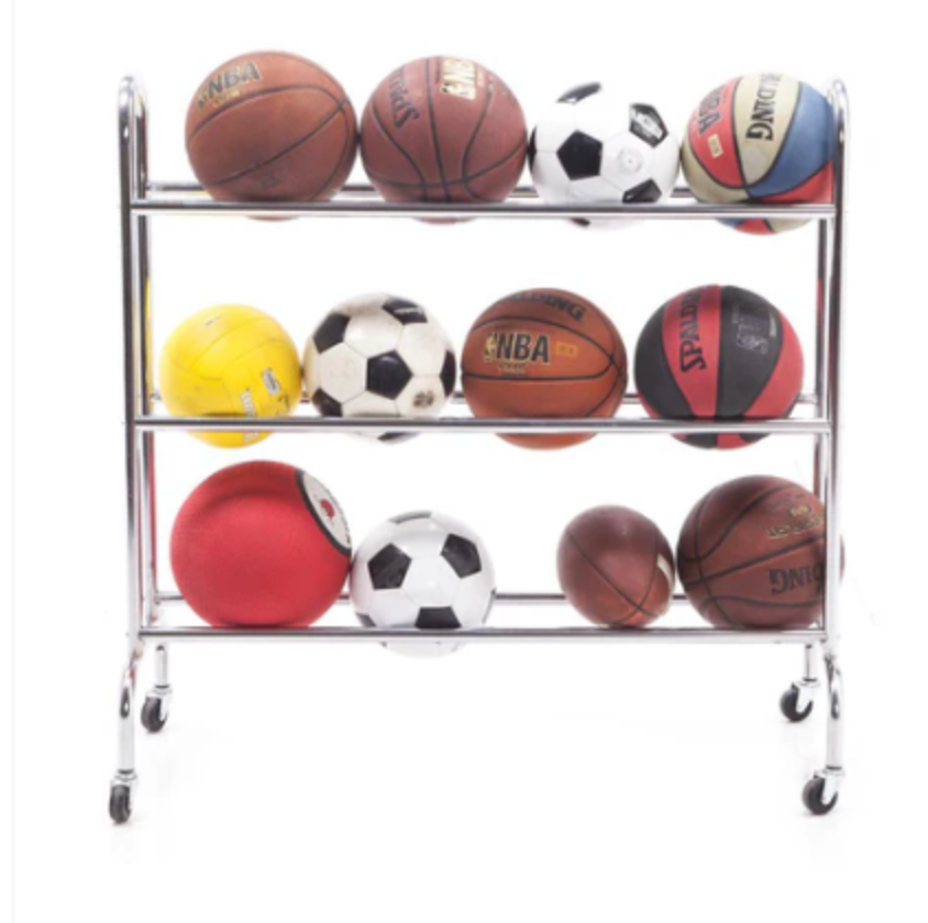 Multicolor Basketballs on Metal Rolling Rack