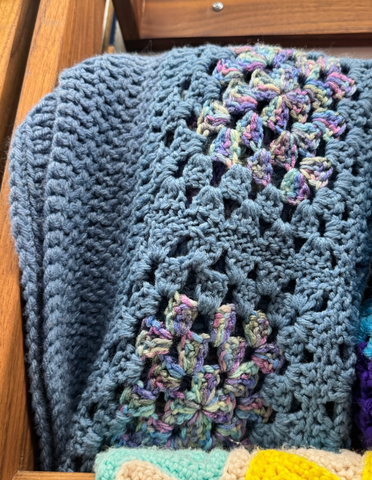 Crotchet Blue Throw with Rainbow Detail
