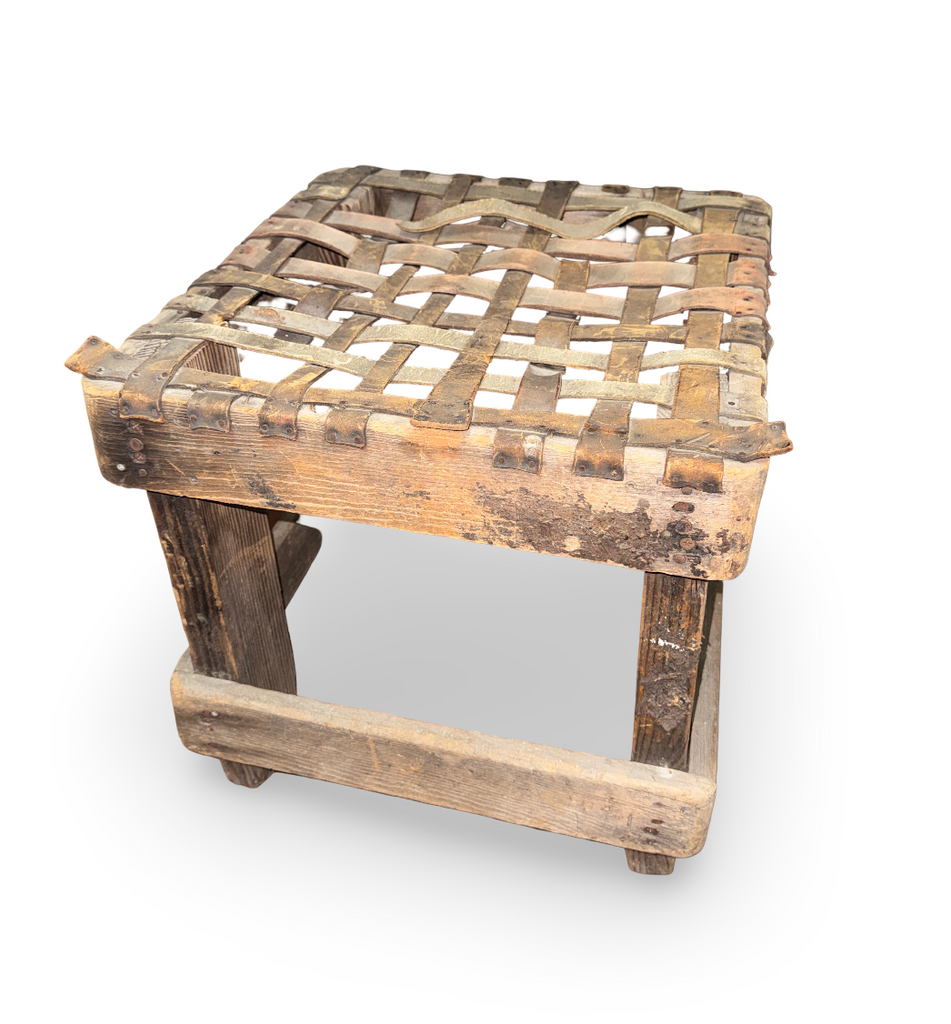 Old Wood Leather Box Stool
