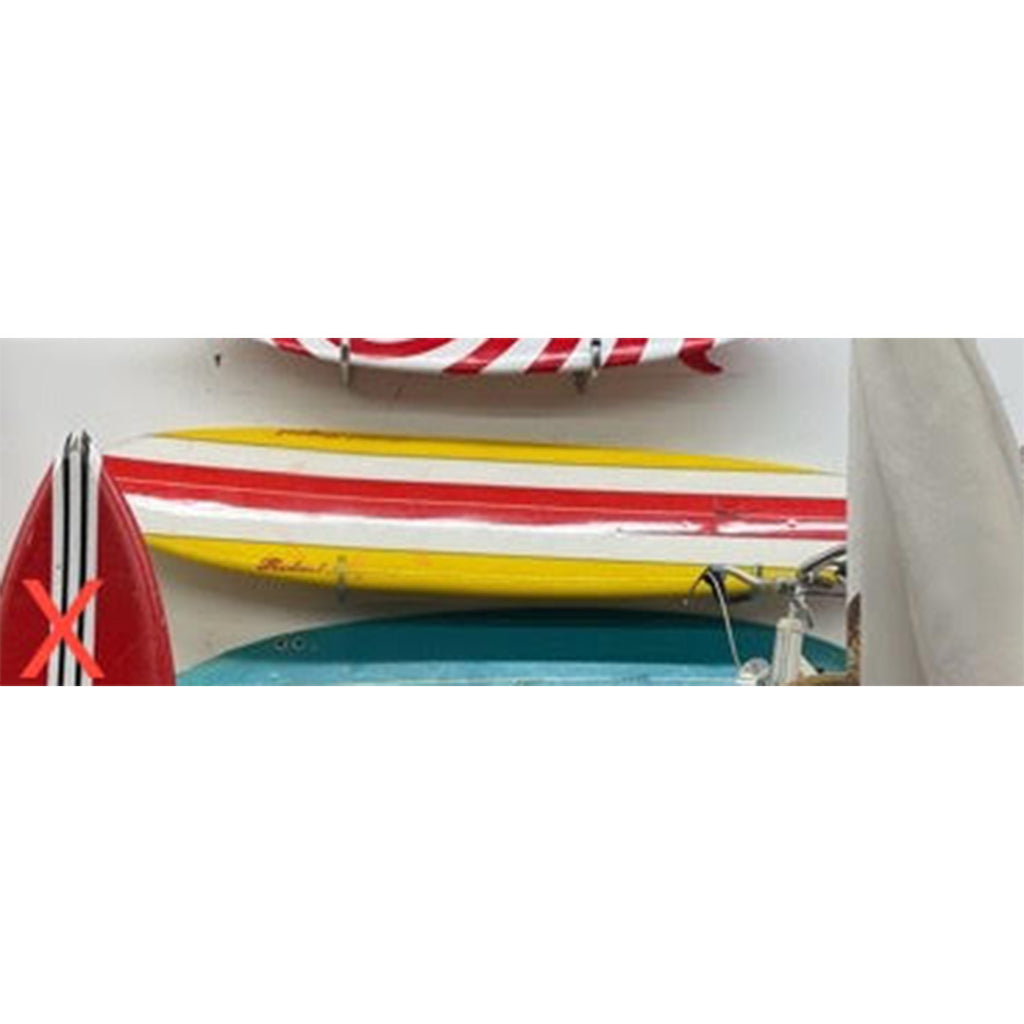 Yellow White and Red Striped Surfboard