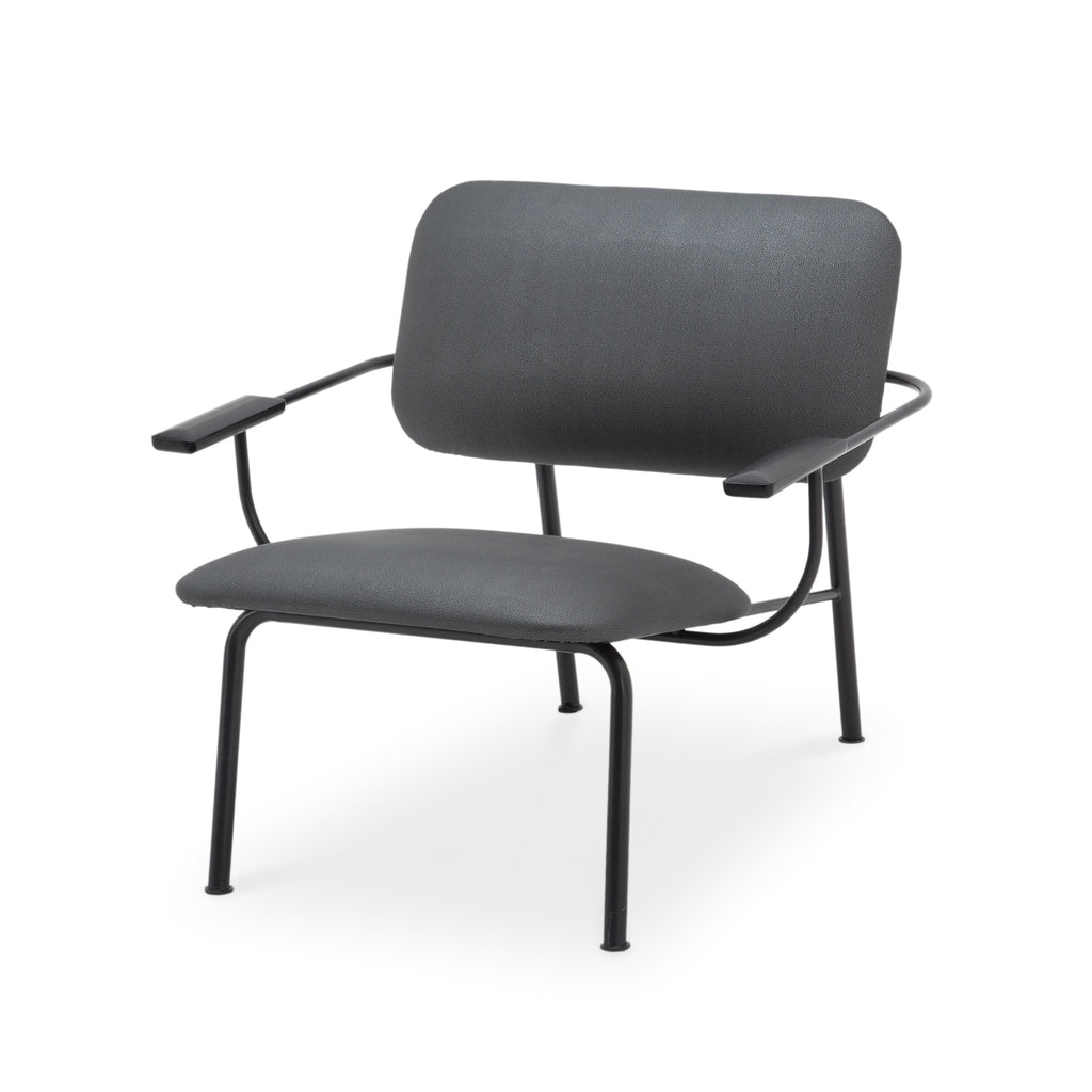 Dark Gray Upholstered Armchair with Black Metal Frame and Armrests