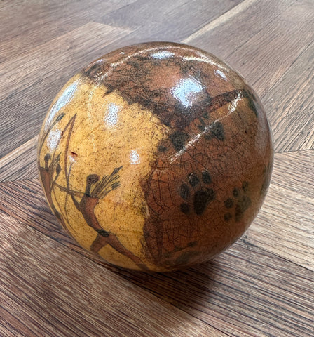 Hand-Painted Brown and Tan Decorative Sphere with Indigenous-Inspired Art