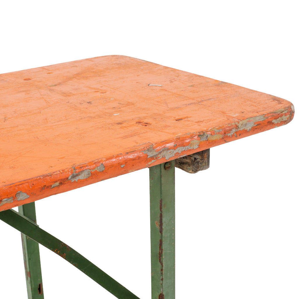 Distressed Orange Wooden Folding Table with Green Metal Legs