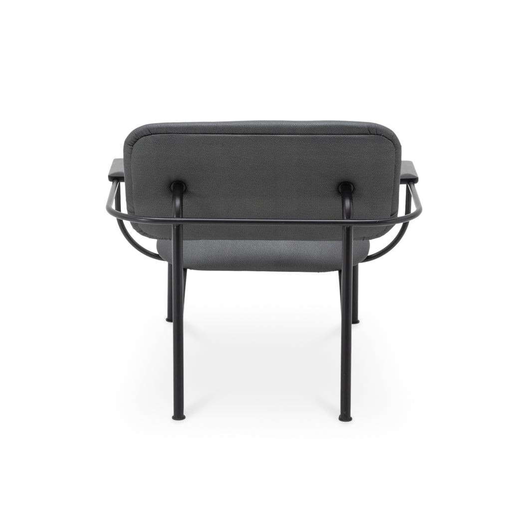 Dark Gray Upholstered Armchair with Black Metal Frame and Armrests