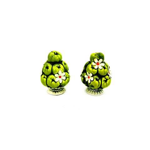Green Ceramic Apple Salt and Pepper Shakers with White Flowers
