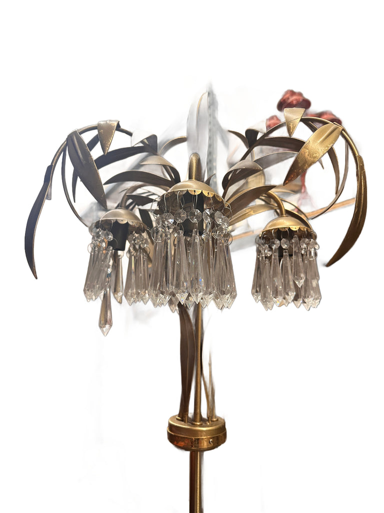 Brass Palm Frond & Crystal Chandelier-Style Floor Lamp
