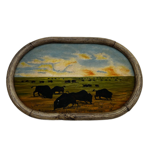 Oval Bison Herd Landscape Painting