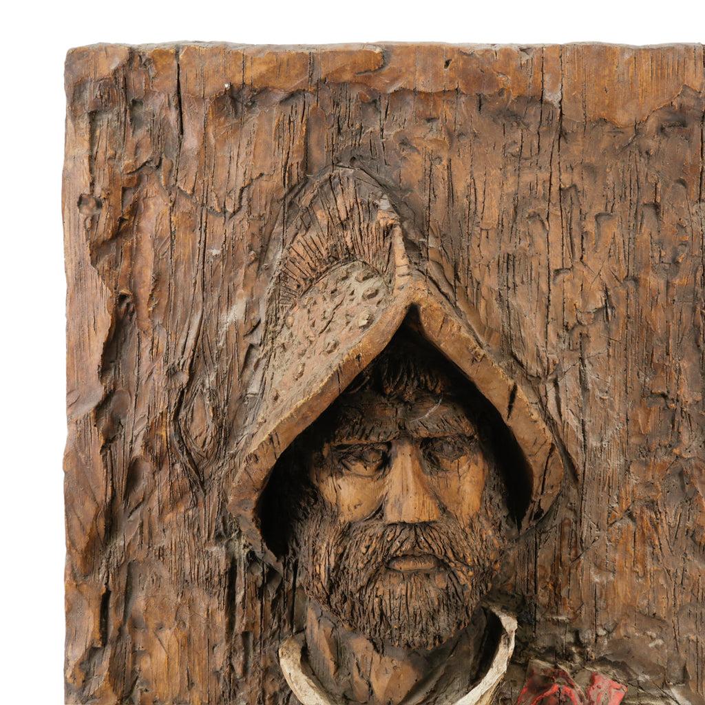 Rustic Carved & Painted Wood Bust Wall Hanging of a Conquistador