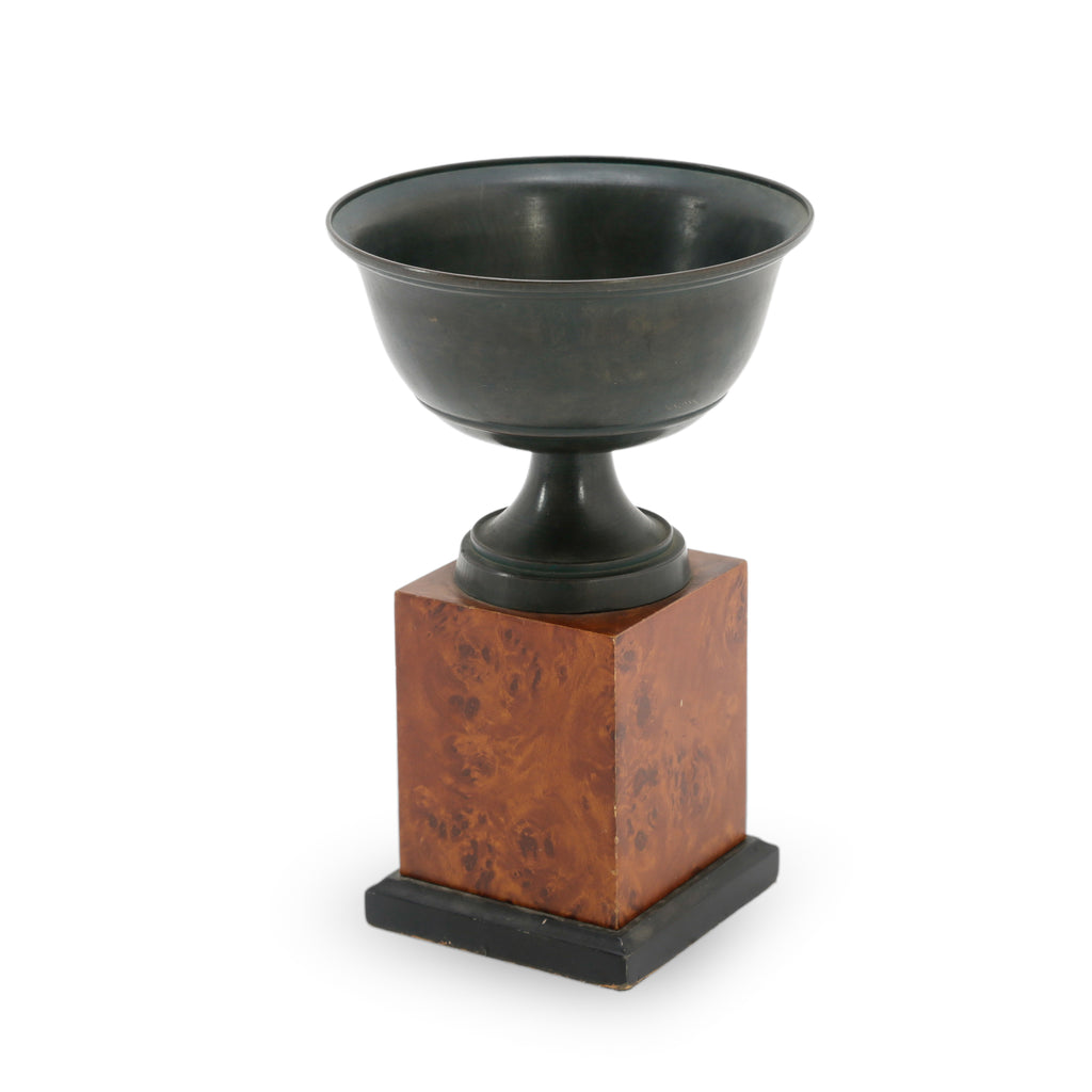 Dark Metal Urn on Wood Pedestal