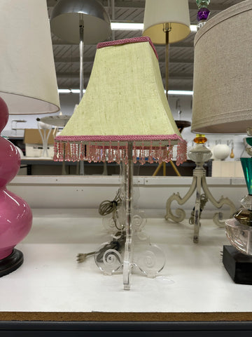 Chartreuse Fabric and Pink Beaded Acrylic Table Lamp with Scrollwork Base