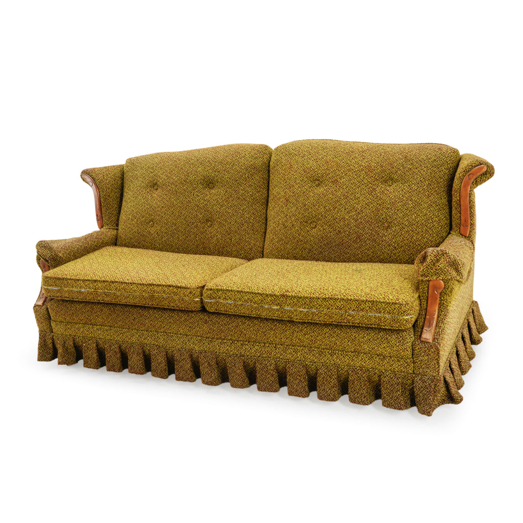 Vintage Olive Green & Brown Tweed Button-Tufted Loveseat Sofa