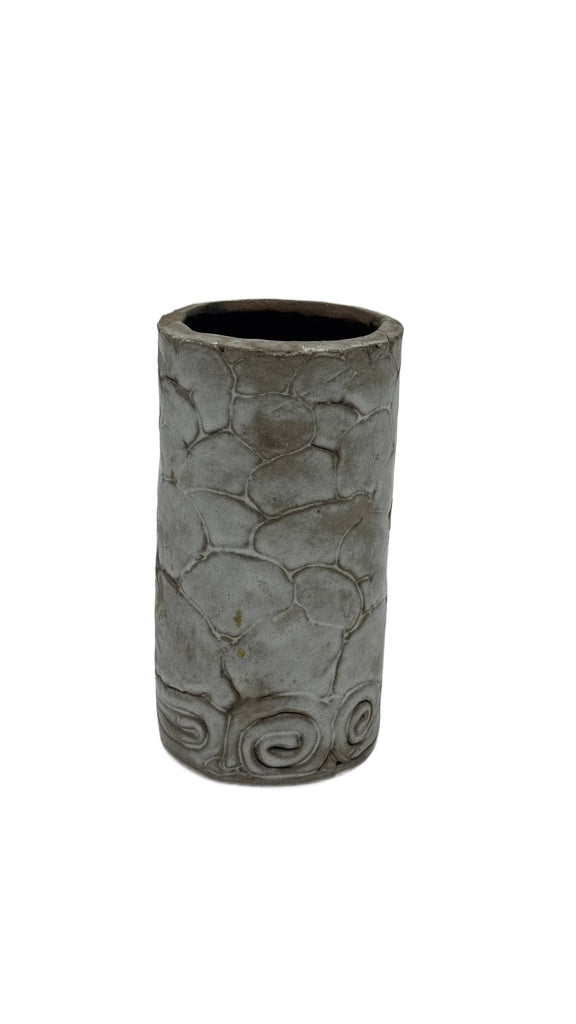 Gray Textured Ceramic Cylindrical Vase with Pebble and Spiral Relief