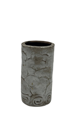 Gray Textured Ceramic Cylindrical Vase with Pebble and Spiral Relief