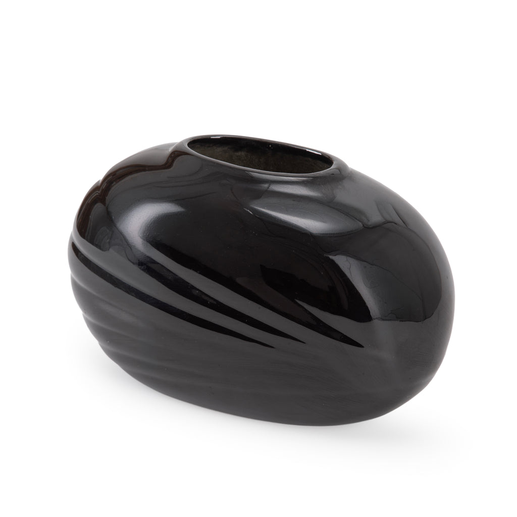 Glossy Black Ceramic Oval Vase with Ribbed Texture