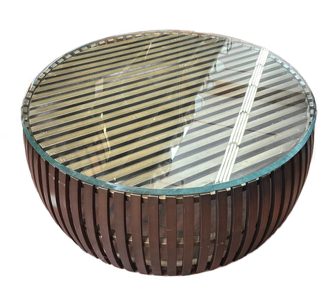 Dark Brown Brass Slat and Clear Glass Round Coffee Table