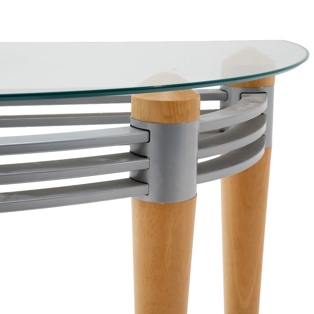 Demi-Lune Clear Glass Console Table with Wood Legs and Metal Accents