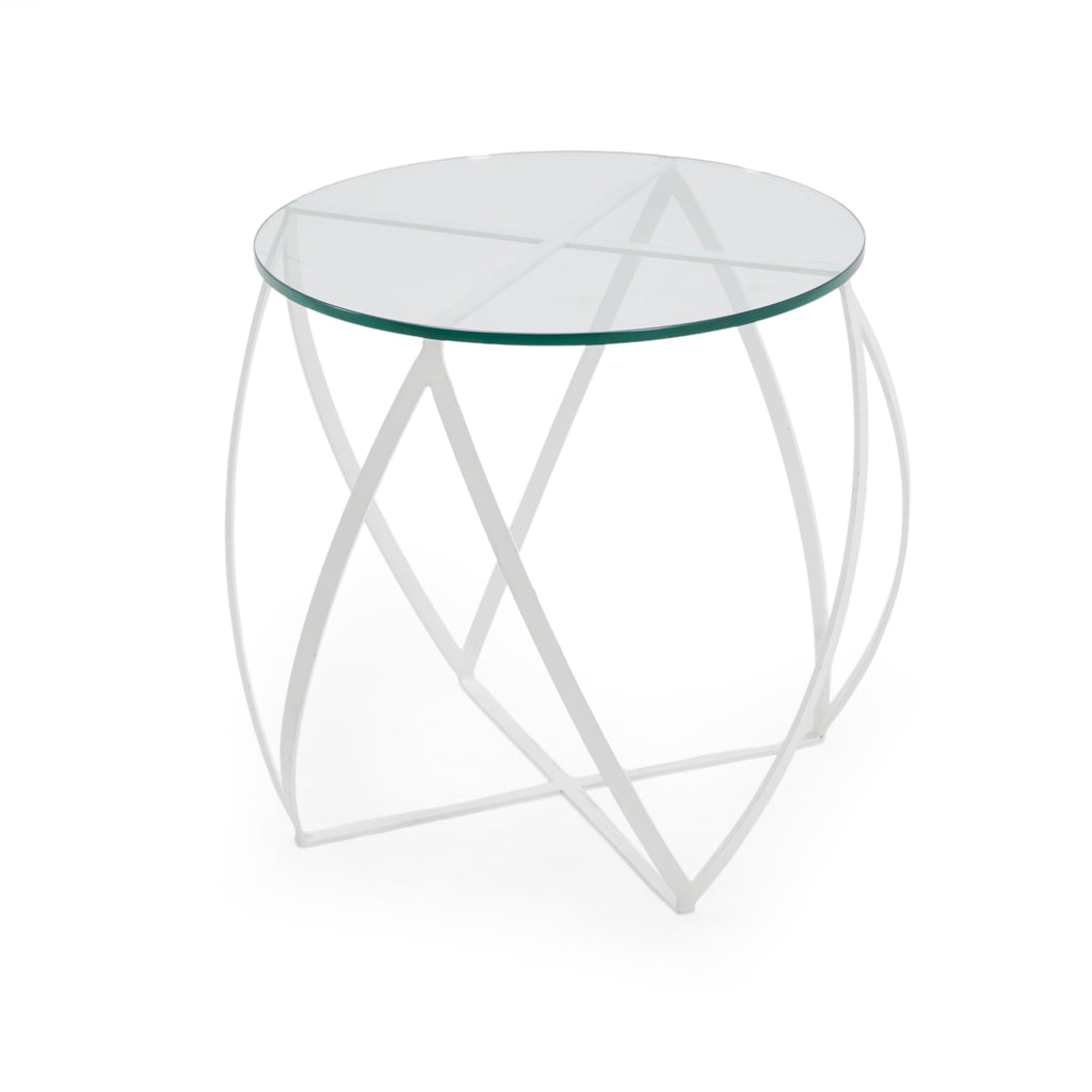 White Metal and Clear Glass Abstract End Table