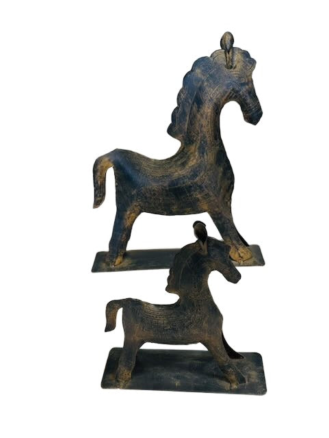 Distressed Black and Gold Metal Horse Figurines, Set of 2
