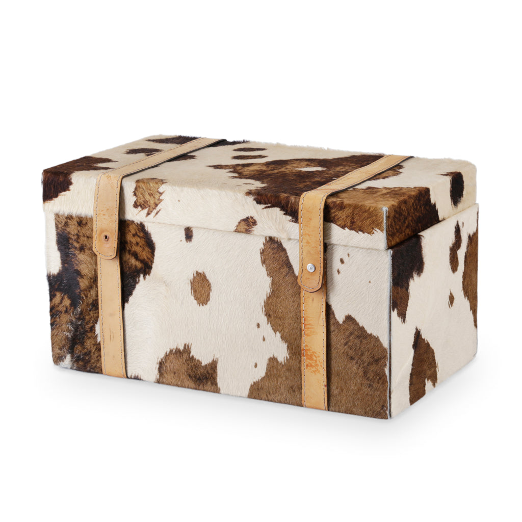White and Brown Cowhide Leather Storage Trunk