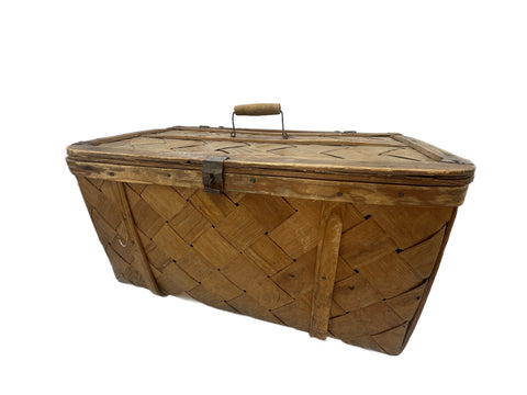 Vintage Woven Wood Lidded Picnic Basket with Wooden Handle