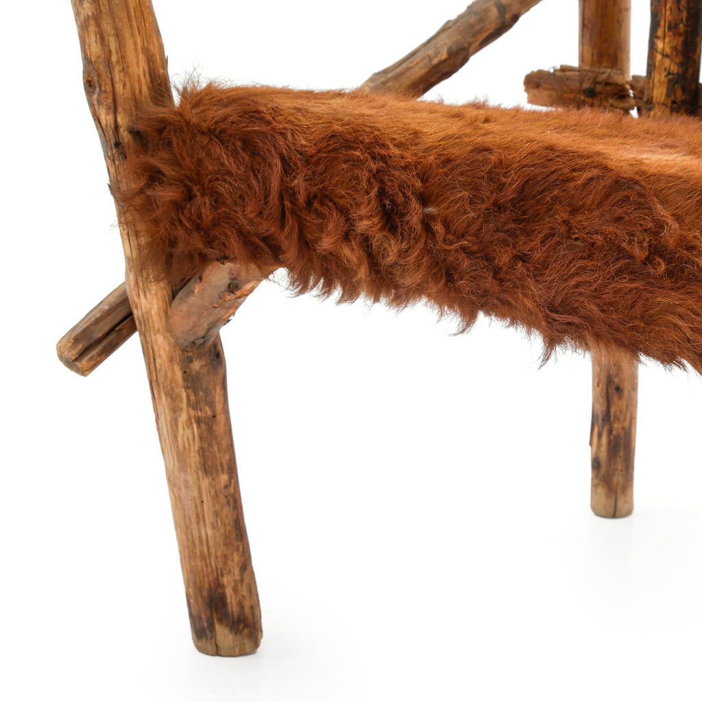 Raw Wood Armchair with Brown Animal Hide Fur