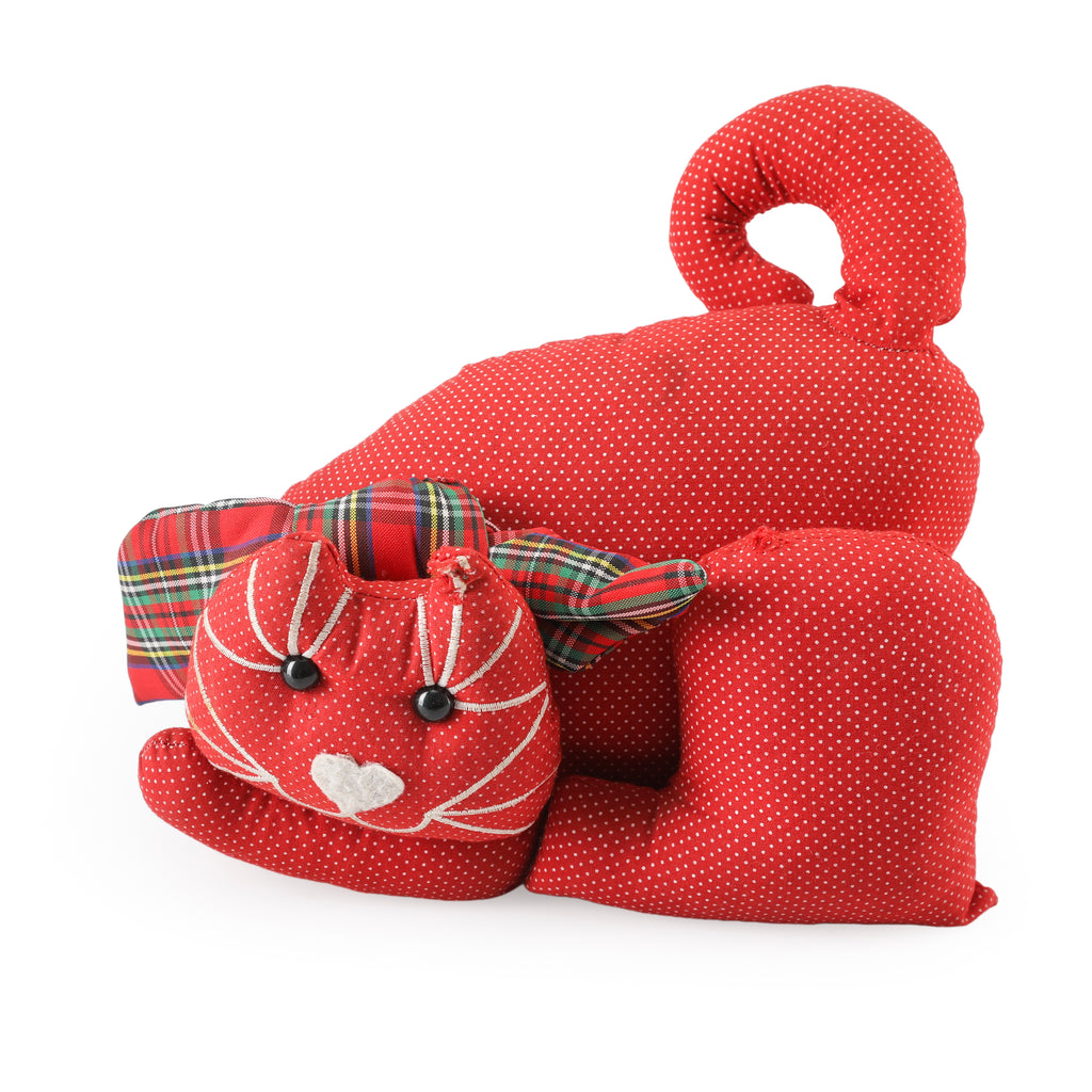 Red Polka Dot Fabric Cat-Shaped Doorstop