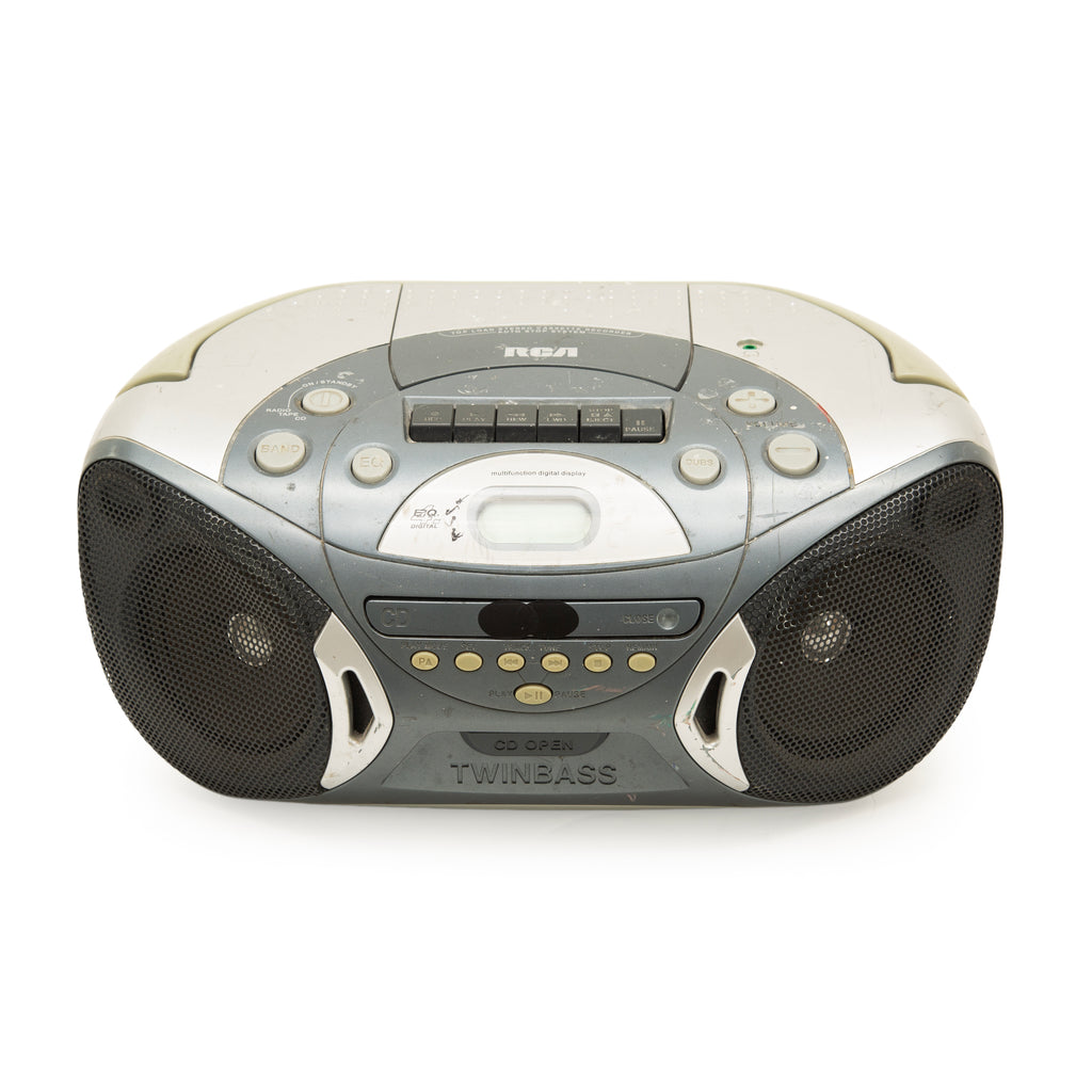 Silver and Gray Plastic Portable CD Cassette Boombox, RCA