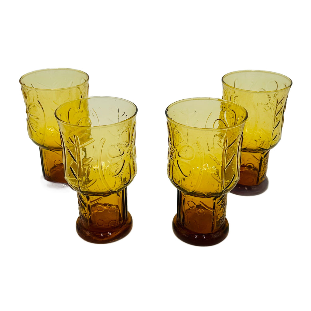 Set of 4 Amber Embossed Tall Drinking Glass with Floral Design