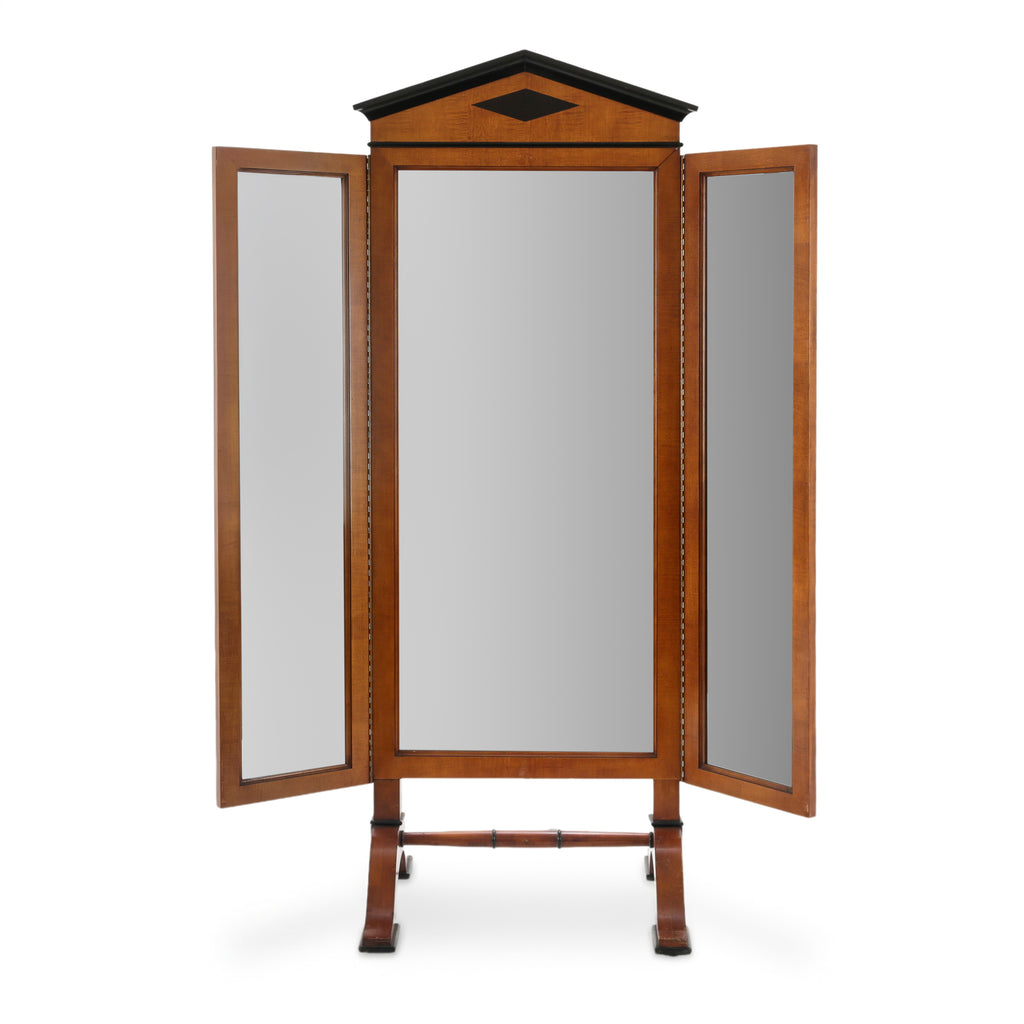 Warm Brown Wood Tri-Fold Pediment Dressing Mirror