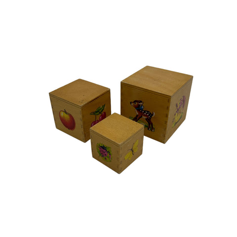 Natural Wood Nesting Blocks with Colorful Animal Pictures