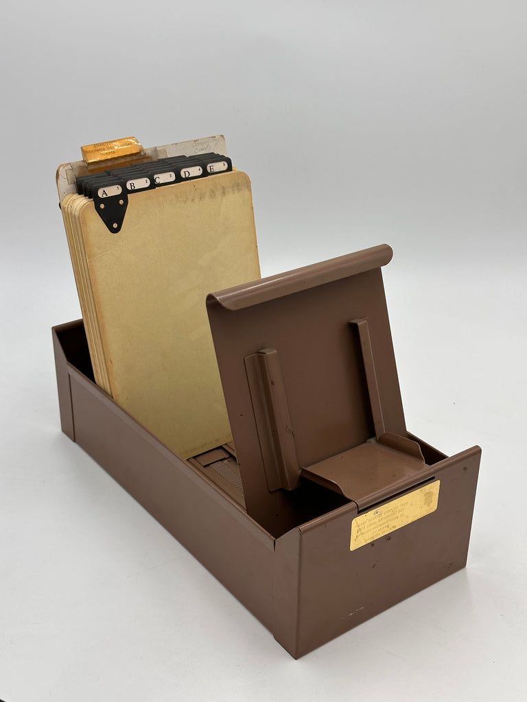 Vintage Dark Brown Painted Steel Desktop File Box with Index Cards