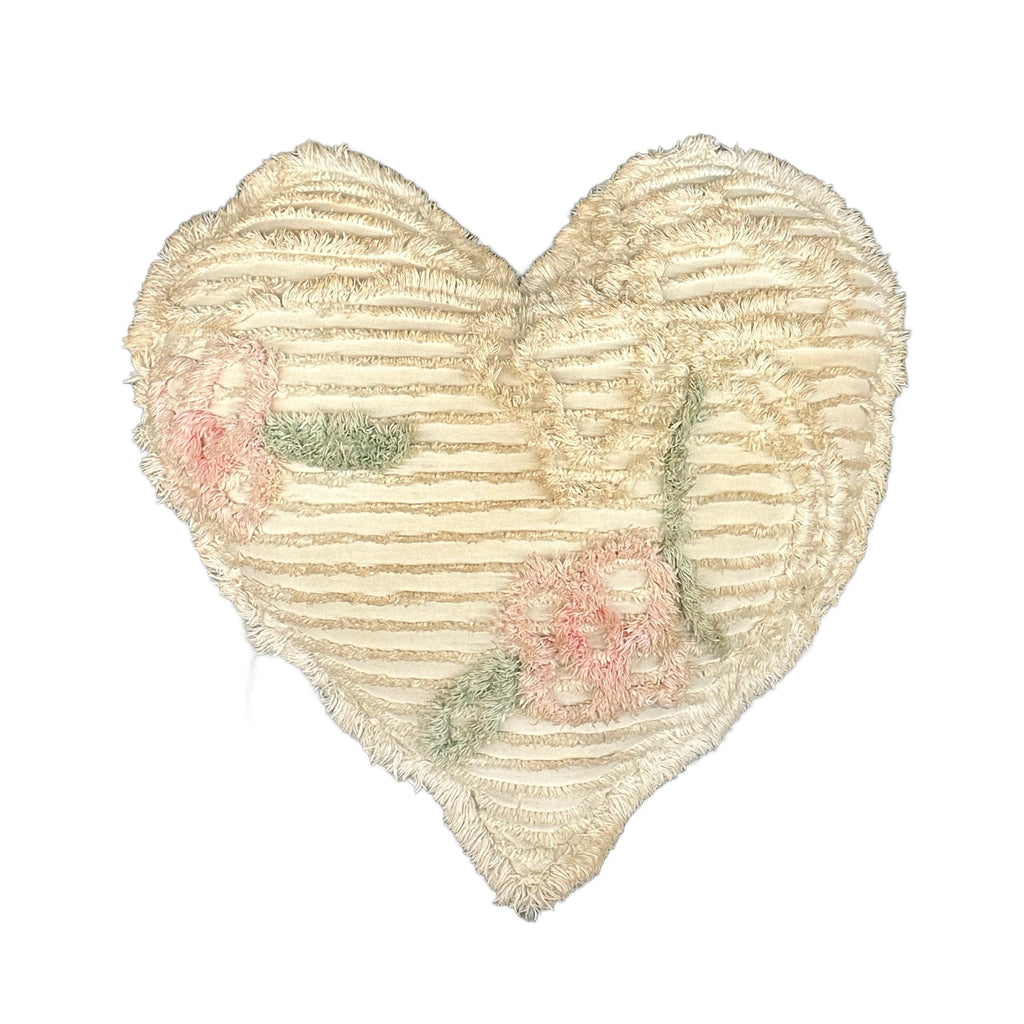 Vintage Cream Tufted Chenille Heart Shaped Floral Throw Pillow
