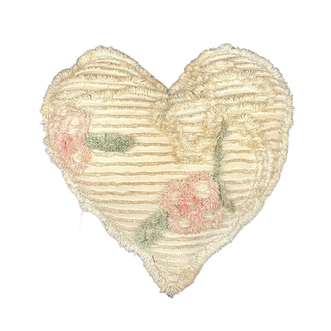 Vintage Cream Tufted Chenille Heart Shaped Floral Throw Pillow