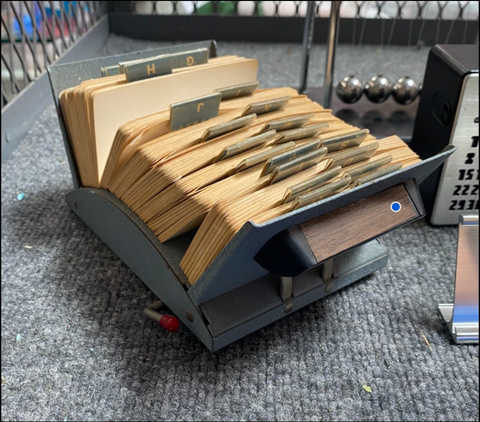Vintage Slate Gray Metal Rotary Card File with Wood Handle and Index Cards