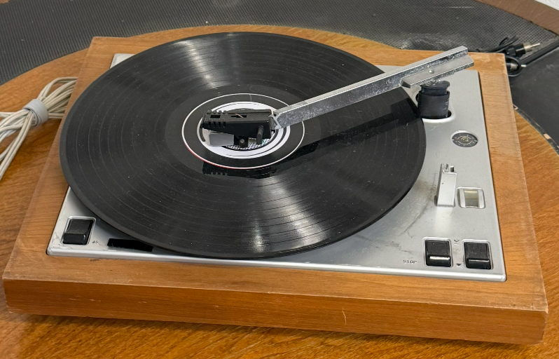 Vintage Wood Base Turntable with Vinyl Record