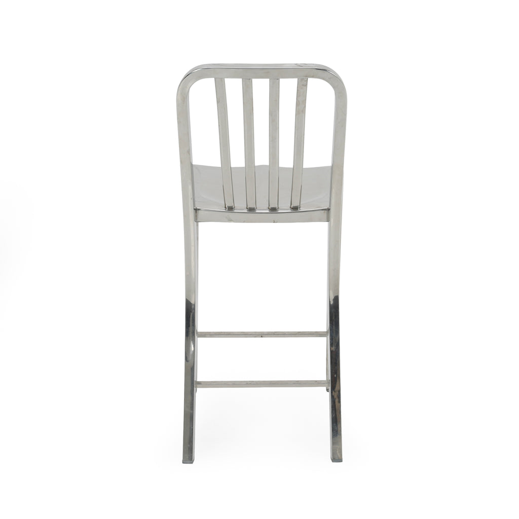 Shiny Silver Polished Aluminum Slat Back Bar Stool with Contoured Seat