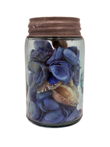 Vintage Blue Tint Glass Jar with Assorted Blue & Natural Seashells
