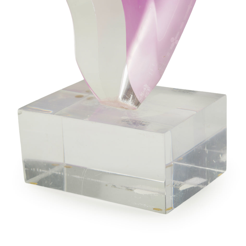Clear Acrylic Abstract Sculpture with Magenta Ribbon Design