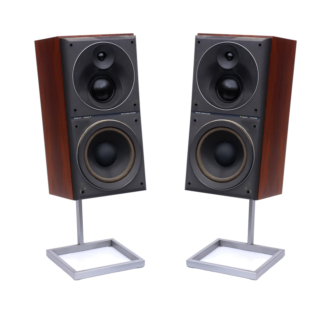 Black Speakers with Dark Wood Trim on Metal Stand - Set of 2
