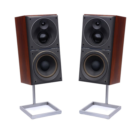 Black Speakers with Dark Wood Trim on Metal Stand - Set of 2